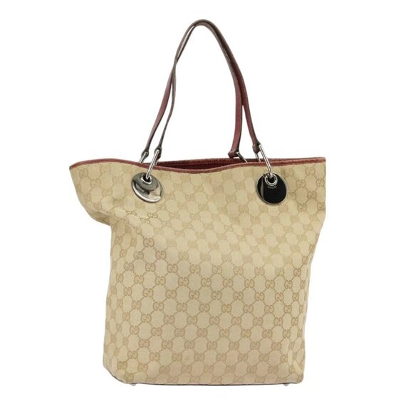 GUCCI GG Canvas Tote Bag Beige Silver Red - Picture 1 of 15